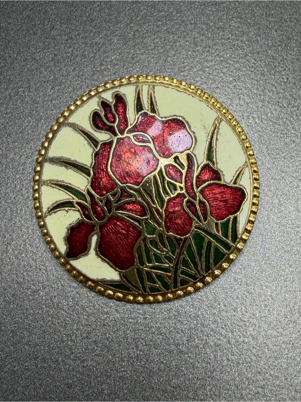 Cloisonné Floral Round Pin in Red and Cream